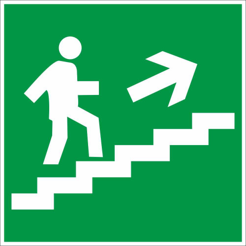 Табличка Е 15 "Направление к эвакуационному выходу по лестнице вверх направо"